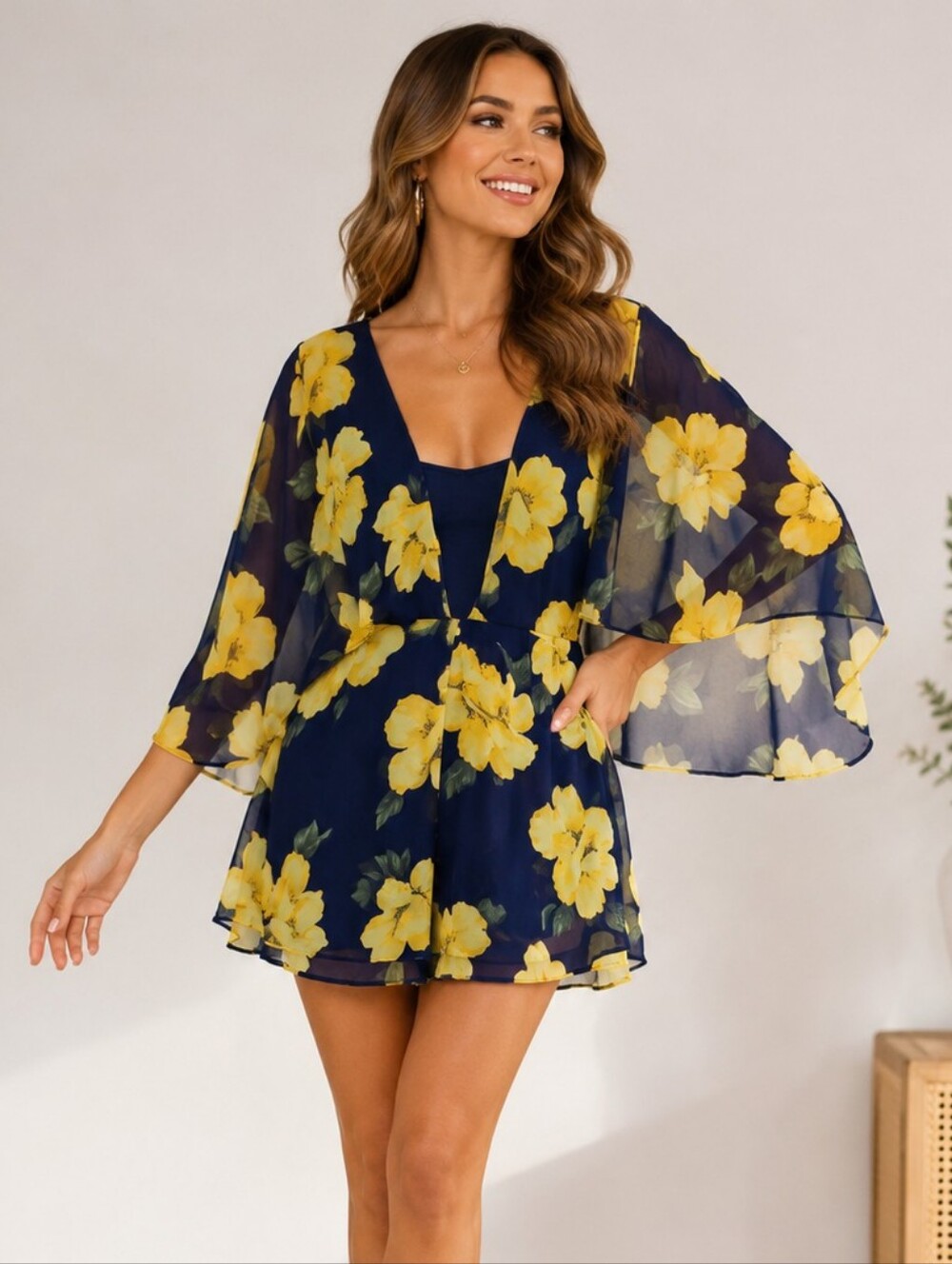 Va Va Voom Floral Cape Sleeve Romper Dress Navy Yellow Large Made in USA